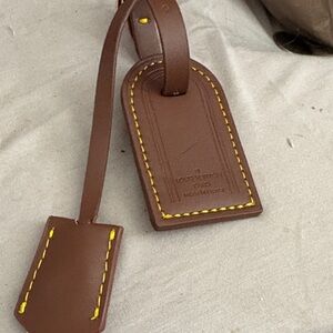 Louis Vuitton Brown Leather Luggage Tag with Yellow Stitching Accent